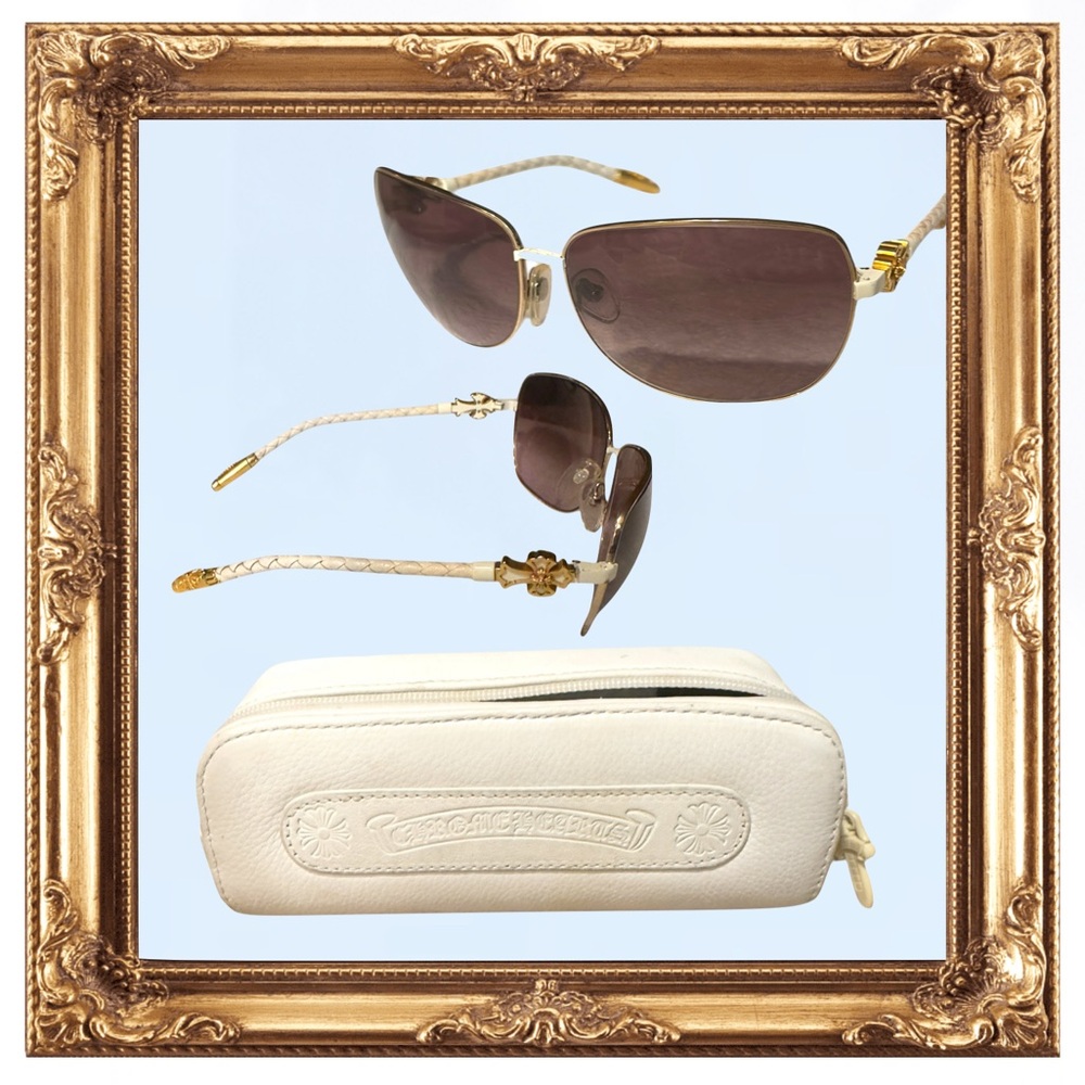 Chrome Hearts Elegant Gold with White Leather Sunglasses with case
